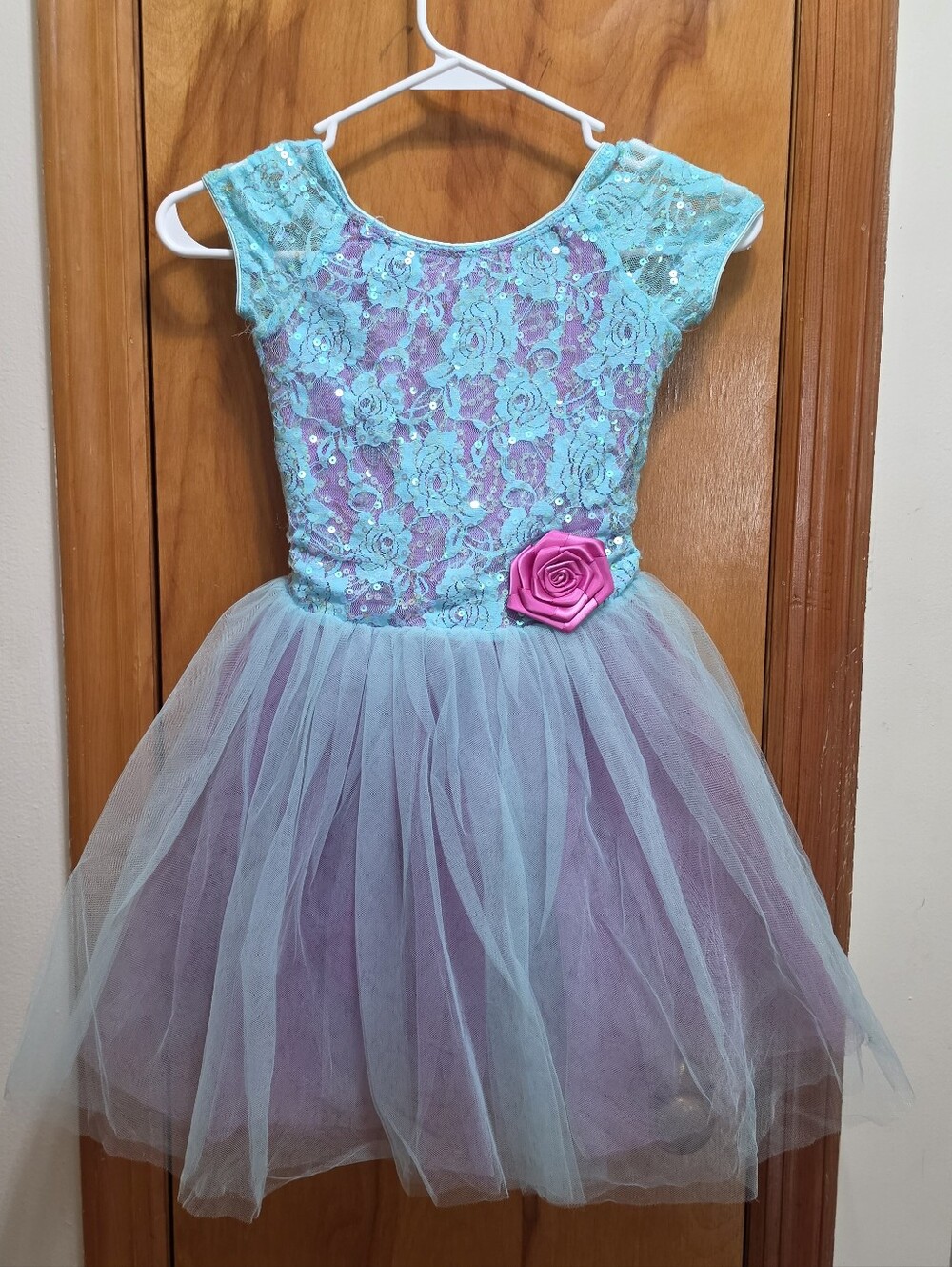 Revolution Dancewear Girls Aqua Lace & Tulle Dress with Pink Rose Accent